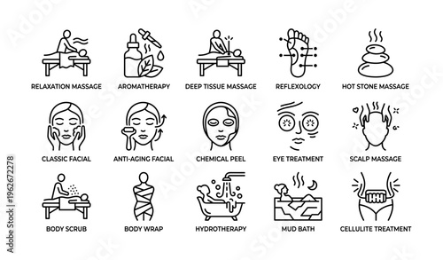Spa and wellness icons: massage, facial, reflexology, aromatherapy, hydrotherapy treatments