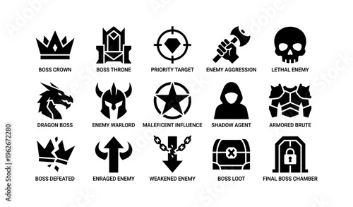 Epic game icons set: bosses, enemies, and battle symbols