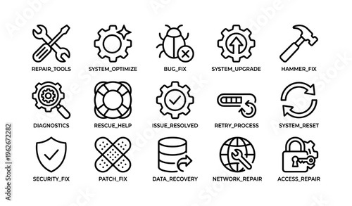 Technical support icons: tools, upgrades, security, and repairs
