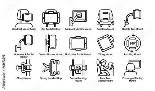 Various tablet and phone mounts for vehicle use illustrated in line art