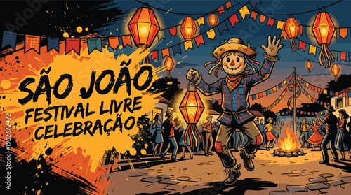 Sao Joao Festival Scarecrow Dancing with Lanterns and Festive Banners