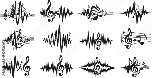Music notes and sound wave graphics in black and white