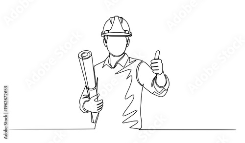 Minimalist continuous line architect carrying blueprint thumbs up construction design vector illustration