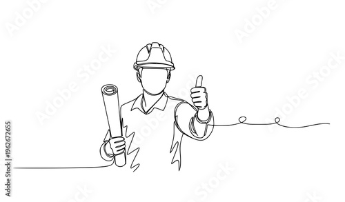 One line drawing architect holding blueprint thumbs up building project success vector illustration