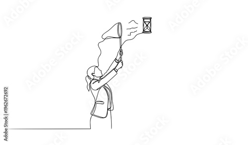Minimalist continuous line businesswoman catching hourglass time deadline productivity vector illustration