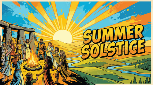 Summer Solstice Celebration with People and Ancient Stones Glowing Sun