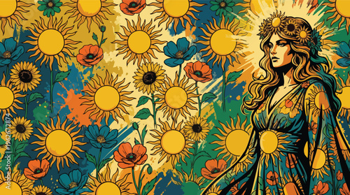 Summer Solstice Repeating Pattern with Woman Sun and Flower Motifs