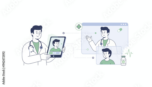 Doctor consulting with patient via digital tablet and video call screen, telemedicine concept