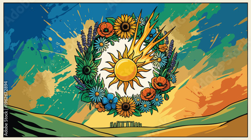 Summer Solstice Flower Wreath Sun Symbol Simple Composition Seasonal Visual