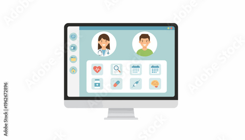 Digital healthcare consultation on a computer screen with icons and avatars of doctor and patient