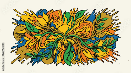 Summer Solstice Abstract Background with Bold Graphic Leaves and Color Burst