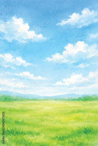 watercolor green land and blue sky background