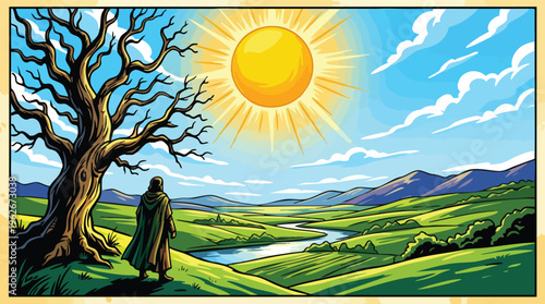 Summer Solstice Scene with Person and Lone Tree Looking at Vast Landscape