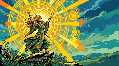 Celebration of Summer Solstice by a Woman on a Cliff with Sun Halo Background