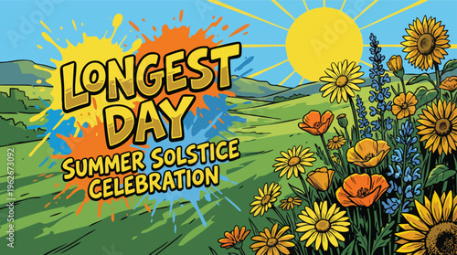 Summer Solstice Celebration Longest Day Concept with Wildflowers and Sun