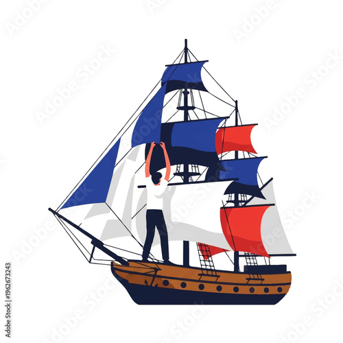 Man on a tall ship with French flag sails, representing freedom, travel, and exploration