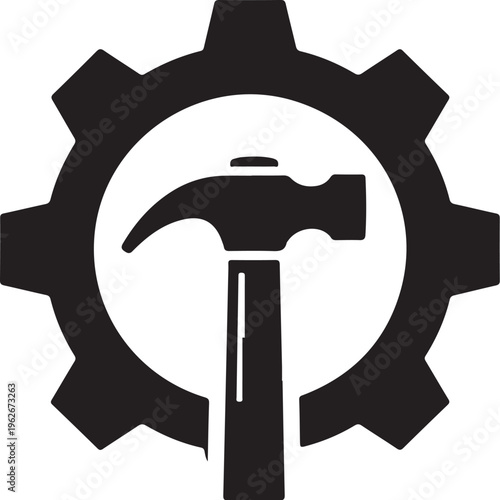 Black hammer and gear icon on white background