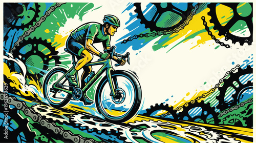 Bicycling Graphic Poster Featuring Cyclist and Gear Chain Pattern Background