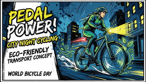 Bicycle Rider Cycling Through City Streets at Night Eco Friendly Transport Concept