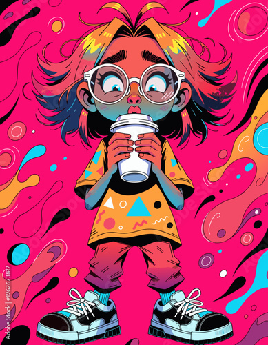 ネオンピンクのストリートアート背景、コーヒーを持つY2Kファッションの女性、横長イラスト