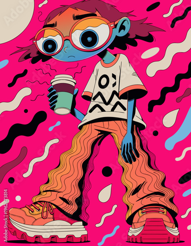 ネオンピンクのストリートアート背景、コーヒーを持つY2Kファッションの女性、横長イラスト