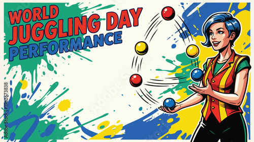 Juggling Performance Woman with Colorful Balls for World Juggling Day Celebration
