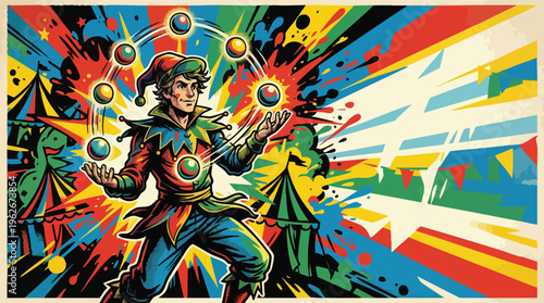 Juggling Performer in Colorful Bright Circus Style Illustration with Bold Graphics