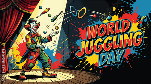 Clown Juggling on Circus Stage with Spotlight Performance World Juggling Day