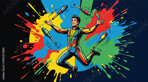 Juggling Performer with Clubs in Mid Air on World Juggling Day