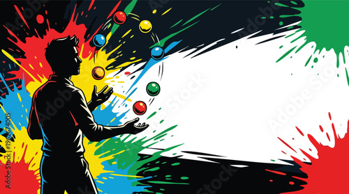Juggling Performer Silhouette with Colorful Balls and Paint Splatter Background