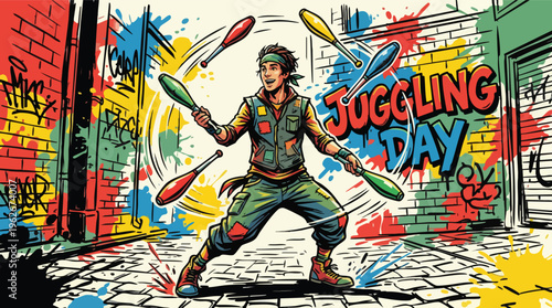 Juggling Performer with Clubs on Street for World Juggling Day