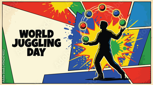 Juggling Silhouette Performance on World Juggling Day with Colorful Splashes