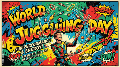 Juggling Performance Artwork with Juggler and Various Floating Objects