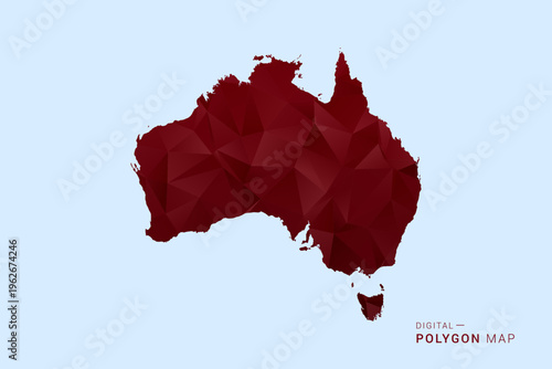 Australia Map - Low poly polygon map in deep red gradient on light blue background, modern minimal geometric design, vector illustration with faceted triangulated style.