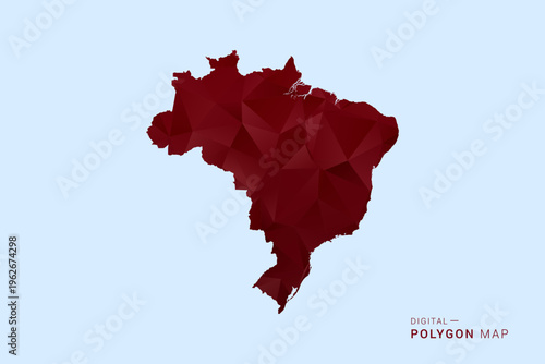 Brazil Map - Low poly polygon map in deep red gradient on light blue background, modern minimal geometric design, vector illustration with faceted triangulated style.