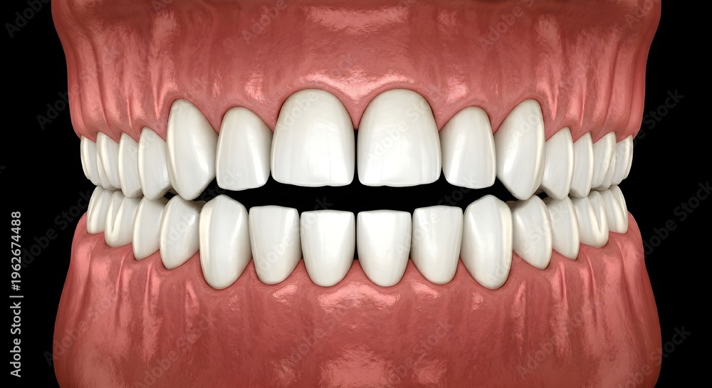 Obraz premium 上下の歯列と咬合状態を示す歯科用3Dレンダリング、歯科矯正と口腔衛生の概念