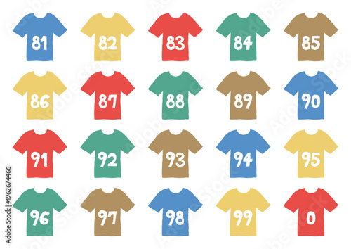 0と81から99までの数字が書いてあるカラフルなシャツの手描きイラストセット