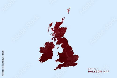 United Kingdom Map - Low poly polygon map in deep red gradient on light blue background, modern minimal geometric design, vector illustration with faceted triangulated style.