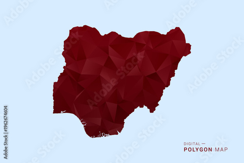 Nigeria Map - Low poly polygon map in deep red gradient on light blue background, modern minimal geometric design, vector illustration with faceted triangulated style.