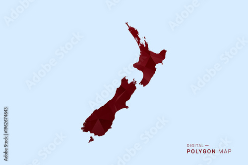New Zealand Map - Low poly polygon map in deep red gradient on light blue background, modern minimal geometric design, vector illustration with faceted triangulated style.