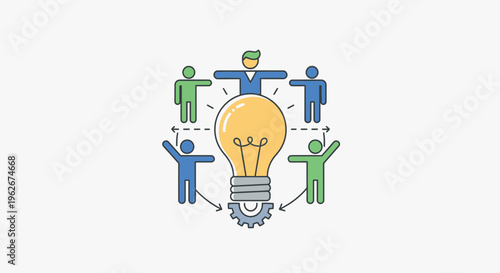 Teamwork and innovation concept people unite around a bright light bulb