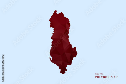 Albania Map - Low poly polygon map in deep red gradient on light blue background, modern minimal geometric design, vector illustration with faceted triangulated style.