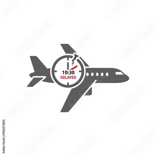 Airplane with a clock indicating a delay, signifying travel disruption and flight schedule changes, impacting airport operations