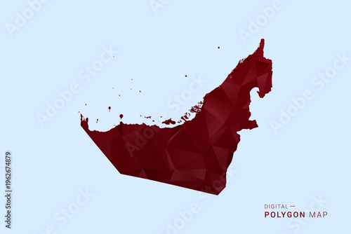 United Arab Emirates Map - Low poly polygon map in deep red gradient on light blue background, modern minimal geometric design, vector illustration with faceted triangulated style.