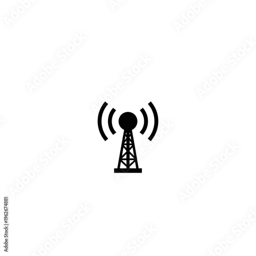 Minimalist black icon of a communication tower emitting wireless signals, symbolizing global connectivity, network infrastructure, and broadcast technology