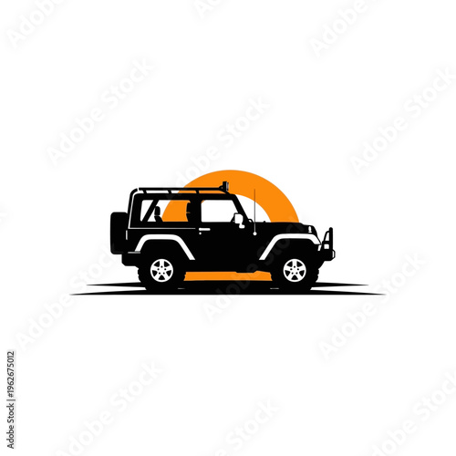 Striking black jeep silhouette against a vibrant orange sunset, perfect for adventure and off-road enthusiasts