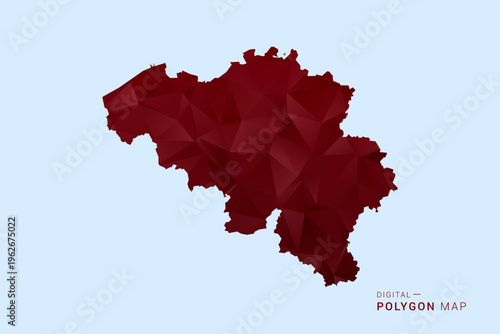 Belgium Map - Low poly polygon map in deep red gradient on light blue background, modern minimal geometric design, vector illustration with faceted triangulated style.