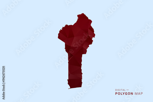 Benin Map - Low poly polygon map in deep red gradient on light blue background, modern minimal geometric design, vector illustration with faceted triangulated style.