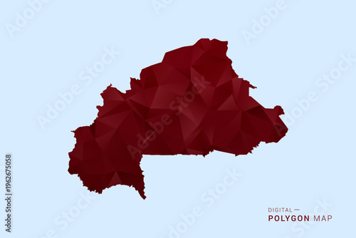 Burkina Faso Map - Low poly polygon map in deep red gradient on light blue background, modern minimal geometric design, vector illustration with faceted triangulated style.