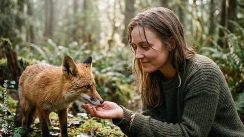 Woman feeding a fox gently in a forest setting